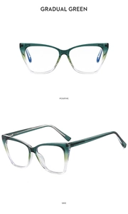 Cat-eye blue light blocking glasses frame in gradual green from front and side view