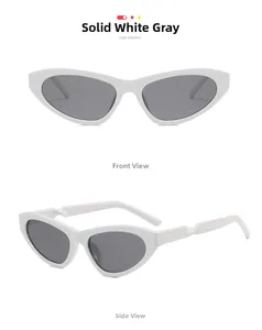 Detailed views of slim white cat-eye sunglasses featuring unique twisted temple design