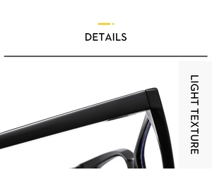 Macro detail of glossy black TR90 cat-eye frames showing high-quality hinge craftsmanship