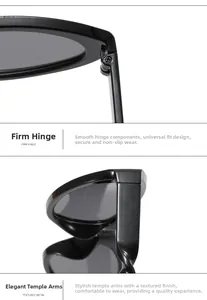 Detail of sturdy metal hinge and elegant curved temples on black cat-eye sunglasses