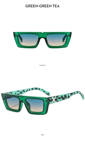 Detail of square sunglasses with green frames and leopard print temples with silver X accents