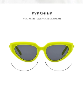 Close-up of neon yellow cat-eye sunglasses with thick frames and dark lenses