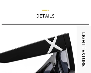 Detail of black glossy square sunglasses temple featuring a distinct white X-shaped inlay