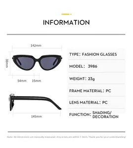 Detailed size specifications and measurements for black Y2K cat-eye sunglasses