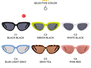 Selective color grid of Y2K cat eye sunglasses in black, green, white, blue, and tortoise