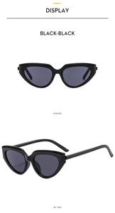 Front and 45-degree side views of black cat eye sunglasses with sleek polished frames