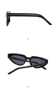 Detail view of the black cat-eye sunglasses showing side and back frame construction