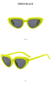 Detailed views of fluorescent green cat-eye sunglasses with dark grey lenses and square arms