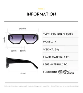 Detailed dimensions of rectangular oversized sports sunglasses with purple gradient lenses