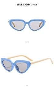 Cat eye sunglasses detail with blue frames and cream temples in front and side views