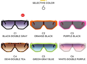 Detail view of large polygon sports sunglasses showing six vibrant colors on white background