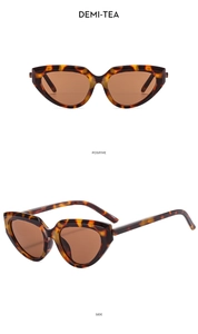 Detailed front and side views of demi-tea vintage cat eye sunglasses with amber texture