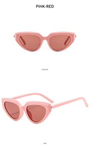 Detailed views of pink Y2K cat-eye sunglasses with gradient lenses from front and side angles
