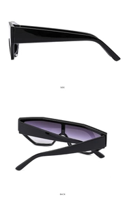 Side and back view of thick black geometric frame sunglasses with purple gradient lenses