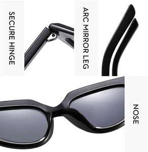 Detail view of secure metal hinges and arc temple design on black cat-eye sunglasses
