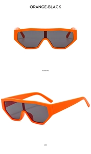 Front and side views of orange one-piece cycling sunglasses with black lenses