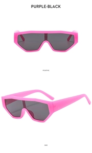 Front and side macro views of purple frosted geometric sunglasses with dark grey lenses