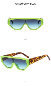 Front and side views of fluorescent green sunglasses with leopard print temples