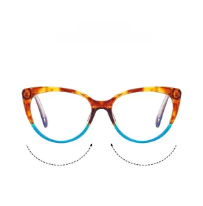Detailed view of cat-eye TR90 frames featuring tortoiseshell and electric blue color blocking