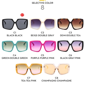 Detailed multi-color chart for geometric oversized sunglasses featuring eight color options