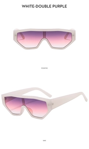 Front and side view of ivory shield sunglasses with purple gradient lenses