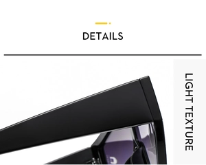 Close-up of wide black glossy sunglasses temple showing minimalist thick frame and light texture