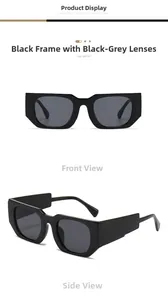 Gros plan de lunettes de soleil carrées noires avec branches larges et verres gris