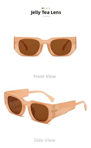 Vue de face et de côté de lunettes de soleil carrées thé gelée à monture épaisse