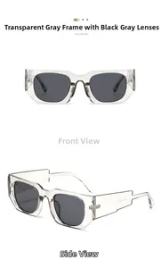 Détail de lunettes de soleil carrées avec branches larges et monture gris transparent