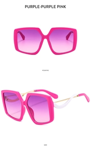 Detail of pink butterfly square sunglasses with purple gradient lenses and hollow metal temples