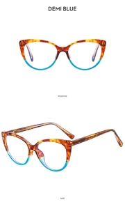 Detailed views of cat eye TR90 glasses frames in demi blue showing front and side angles