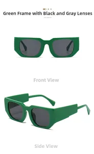 Détail de lunettes de soleil rectangulaires vertes avec verres foncés, vues de face et de profil