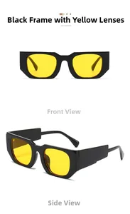 Détails de lunettes de soleil carrées avec monture noire et verres jaunes sous deux angles