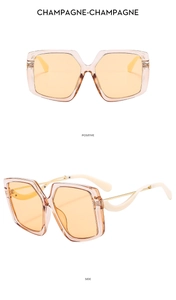 Front and side views of champagne oversized square sunglasses with hollow metal temples