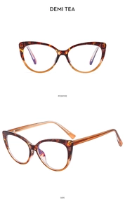 Front and side view of demi tea cat-eye TR90 eyeglasses frames with metal hinges