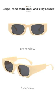 Vues détaillées de face et de côté de lunettes de soleil carrées beige avec verres gris