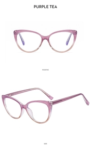 Detailed side view of cat-eye TR90 frames with purple tea gradient finish