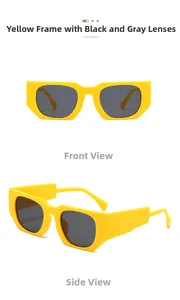 Vue de face et de profil de lunettes de soleil carrées jaunes avec verres gris foncé