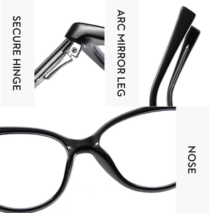 Detail of secure metal hinges and arc mirror legs on black cat-eye TR90 glasses frames