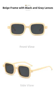 Vista frontale e laterale di occhiali da sole vintage beige con lenti grigio scuro