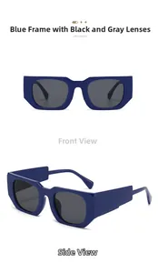 Détail de lunettes de soleil carrées bleues avec larges branches et verres gris foncé