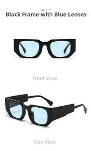 Vues de face et de profil à 45 degrés de lunettes de soleil carrées noires avec verres bleu clair