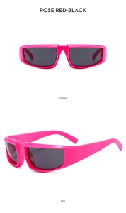 Lunettes de soleil sport futuristes rose rouge avec verres noirs, vues de face et de profil
