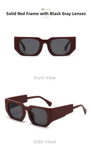 Vue de face et de profil de lunettes de soleil carrées rouges avec branches larges et verres