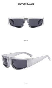 Vues de face et de côté des lunettes de soleil cyclisme Y2K argentées avec monture mate