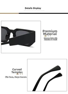 Détails de lunettes de soleil noires carrées avec branches incurvées et fini brillant