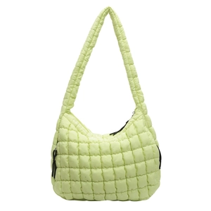 Detail view showing the unique puffer quilted texture of this pale green bubble shoulder bag