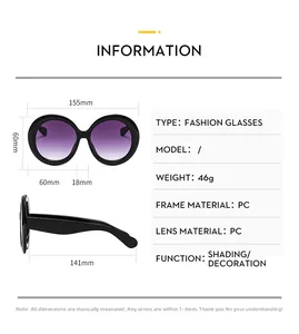 Detailed technical diagram showing oversized round sunglasses dimensions and PC material