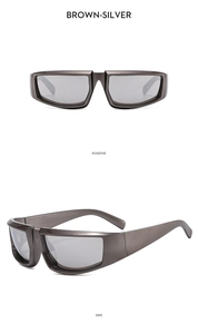 Vue détaillée de face et de profil des lunettes de soleil de sport Y2K marron-argenté