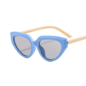 Retro blue cat eye sunglasses with contrasting beige temples and dark grey lenses